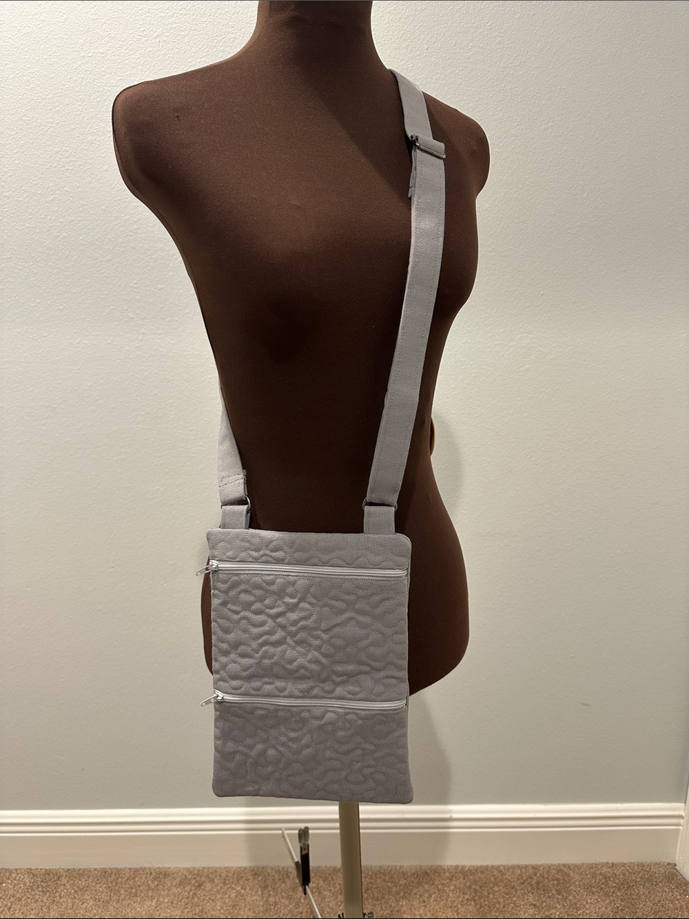 Hand Crafted Light Gray Quilted Crossbody Bag